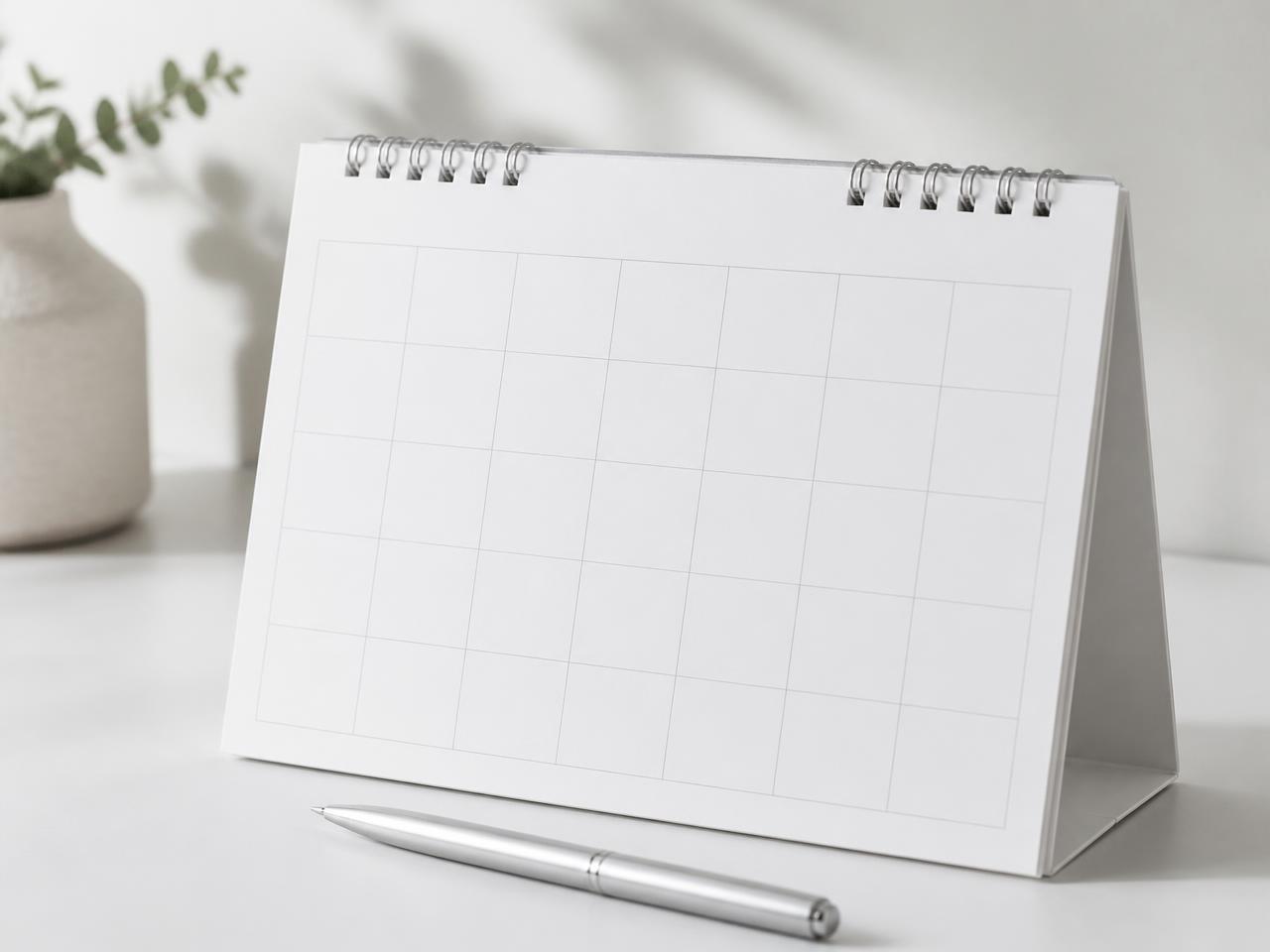 Desk calendar and pen ready for booking a strategy call